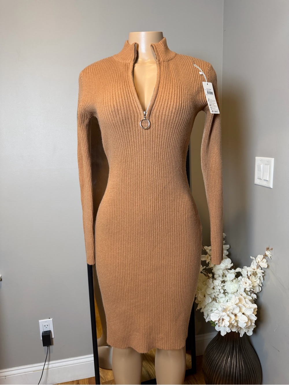 AZZ Women’s Brown Ribbed Knit Bodycon Midi Dress Long Sleeve Half Zip L/XL